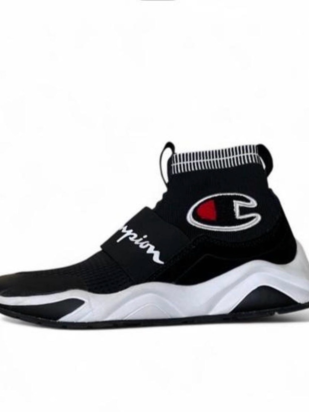Champion Black High-Top Sock Sneaker with White Sole and Red Logo Accent